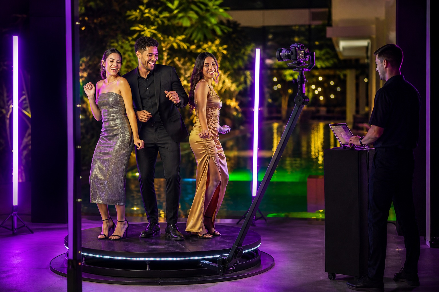 Guests celebrating on a circular 360 video platform while the camera rotates around them