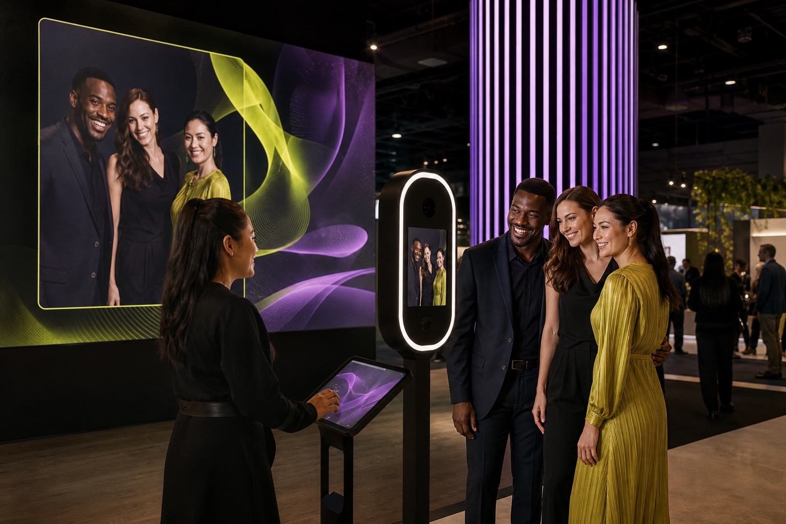 Conference attendees participating in a branded portrait activation
