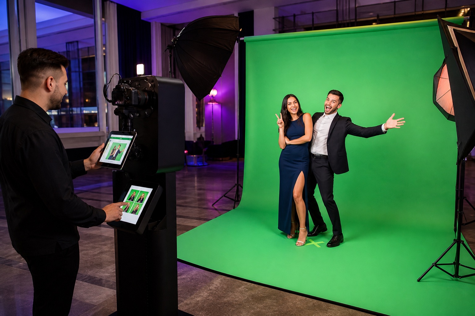 Guests posing inside a professionally lit green screen photo booth